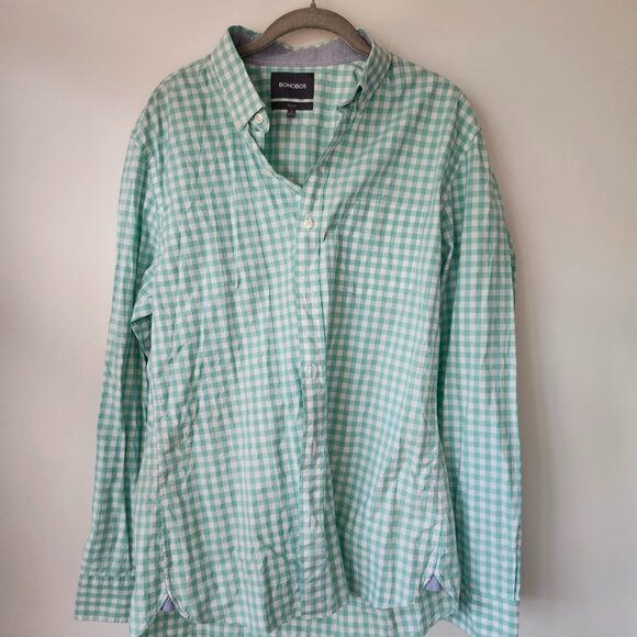 Bonobos Raleigh Gingham Everyday Casual Dress Shirt Large Slim Green and White - Picture 1 of 3